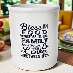 NWT Devotions Bless the Food Utensil White Ceramic Inspirational Container Jar